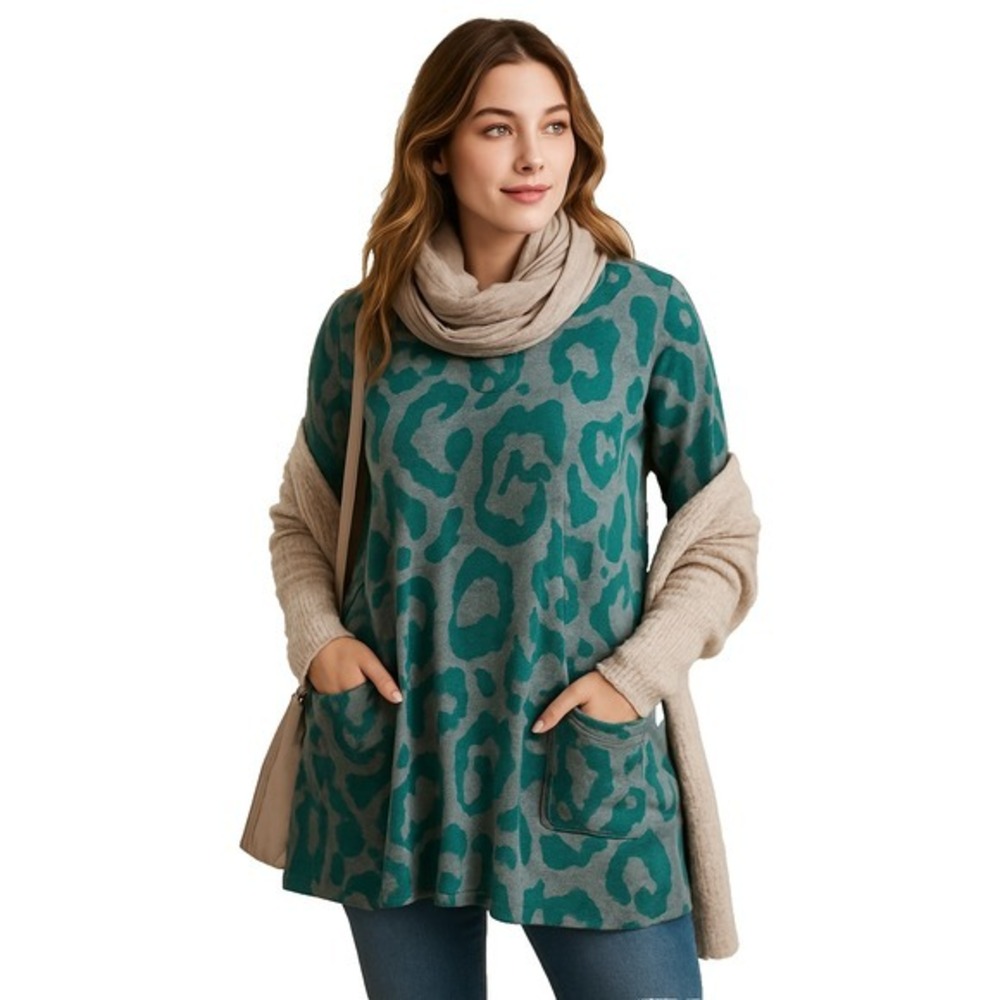 LOGO Lori Goldstein Tunic XL Teal Gray Leopard Print Long Sleeve Pockets
